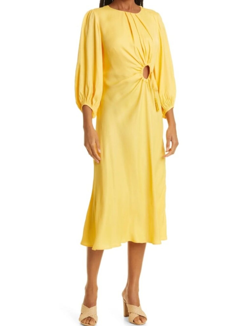 Farm Rio Womens L Piping Midi Dress Yellow Tie Beaded Tassel Cut Out Circle